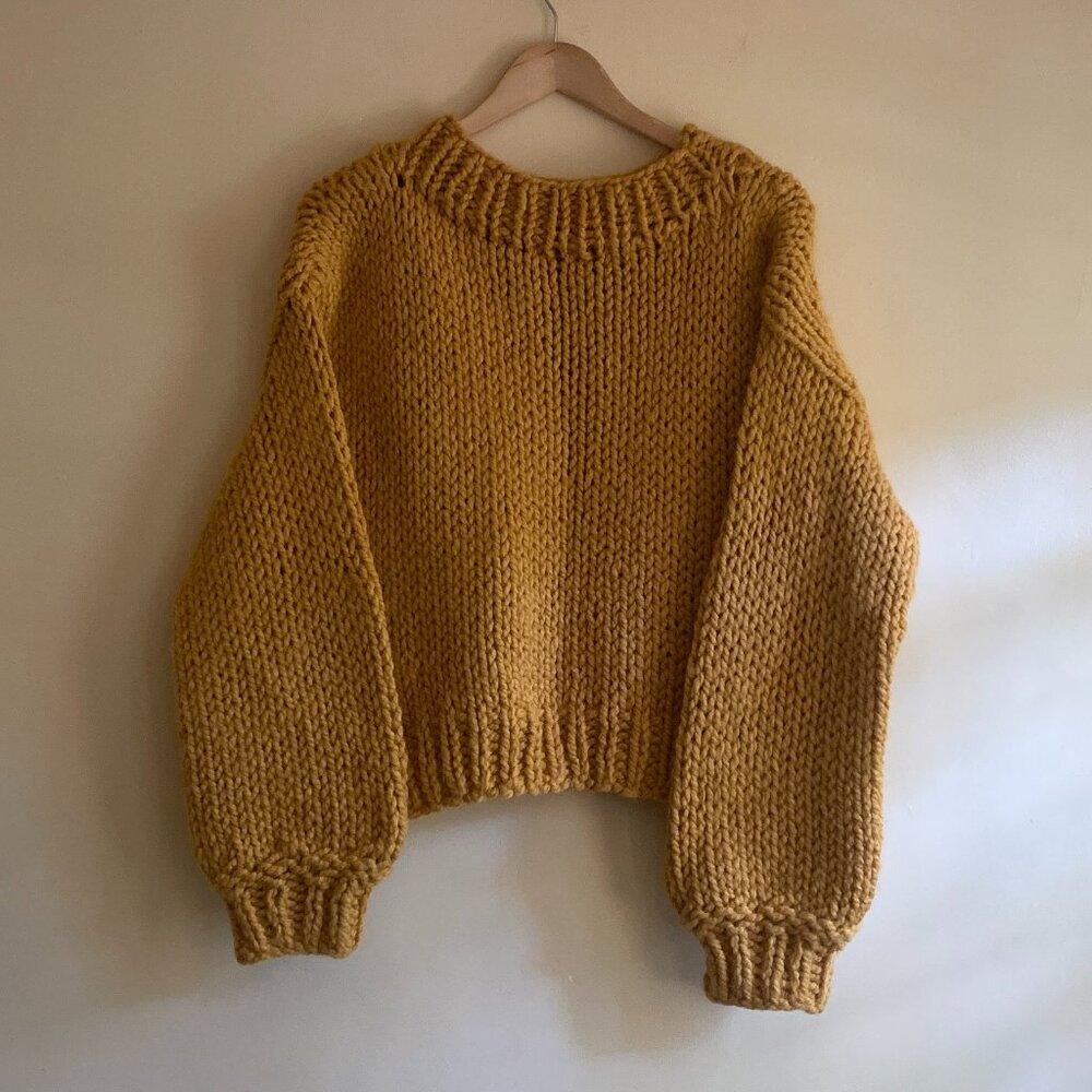 HAND KNIT Mustard Yellow Pullover Sweater Scoop Neck Size Medium/Large